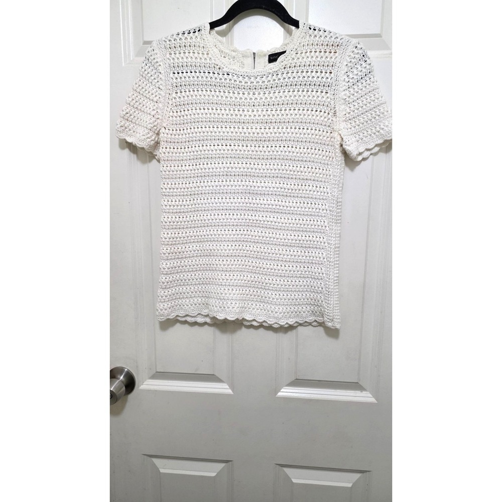 Banana Republic White Crochet Short Sleeve Top Scalloped Edges Back Zipper Women
